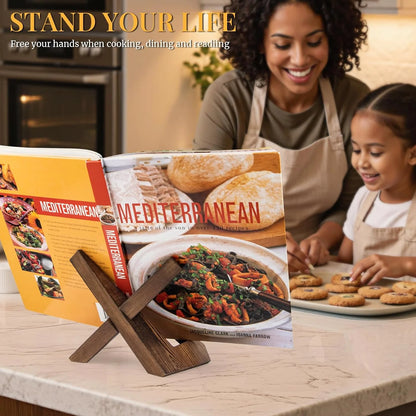 Wooden Cookbook Stand for Kitchen Counter - Rustic Brown Recipe Book Holder