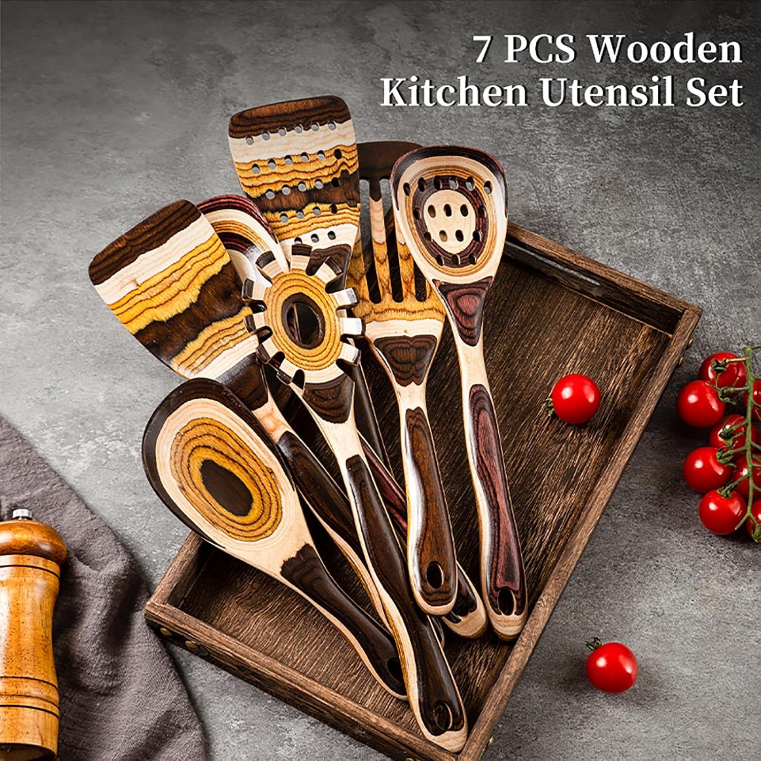 7-Piece Brown Pakkawood Utensils Set – Sturdy, Eco-Friendly