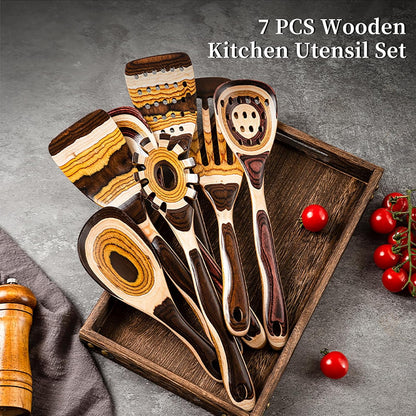 7-Piece Brown Pakkawood Utensils Set – Sturdy, Eco-Friendly