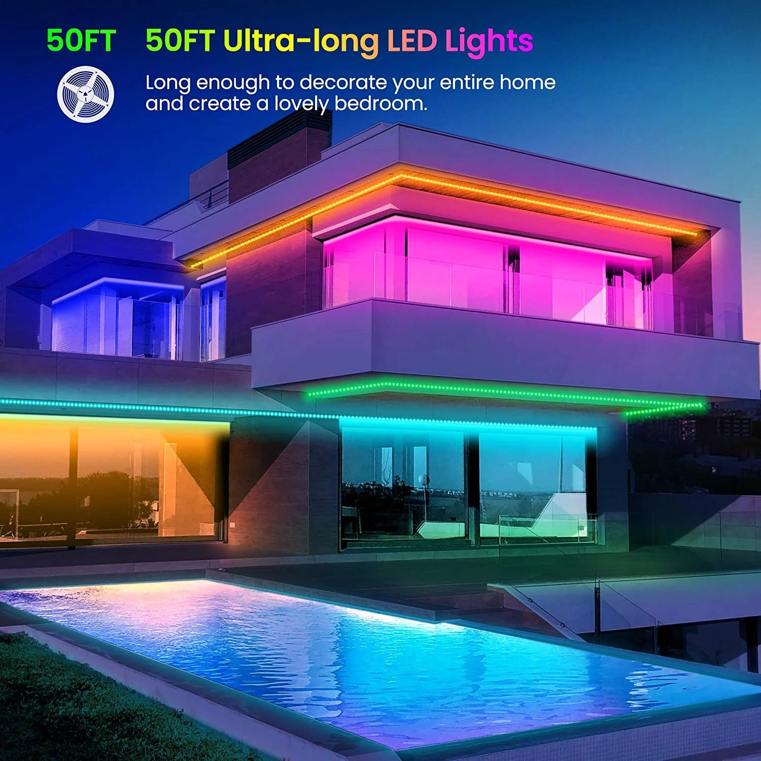 50 FT LED Strip Lights - Color Changing Light Strip with Music Sync, Phone Controller and IR Remote