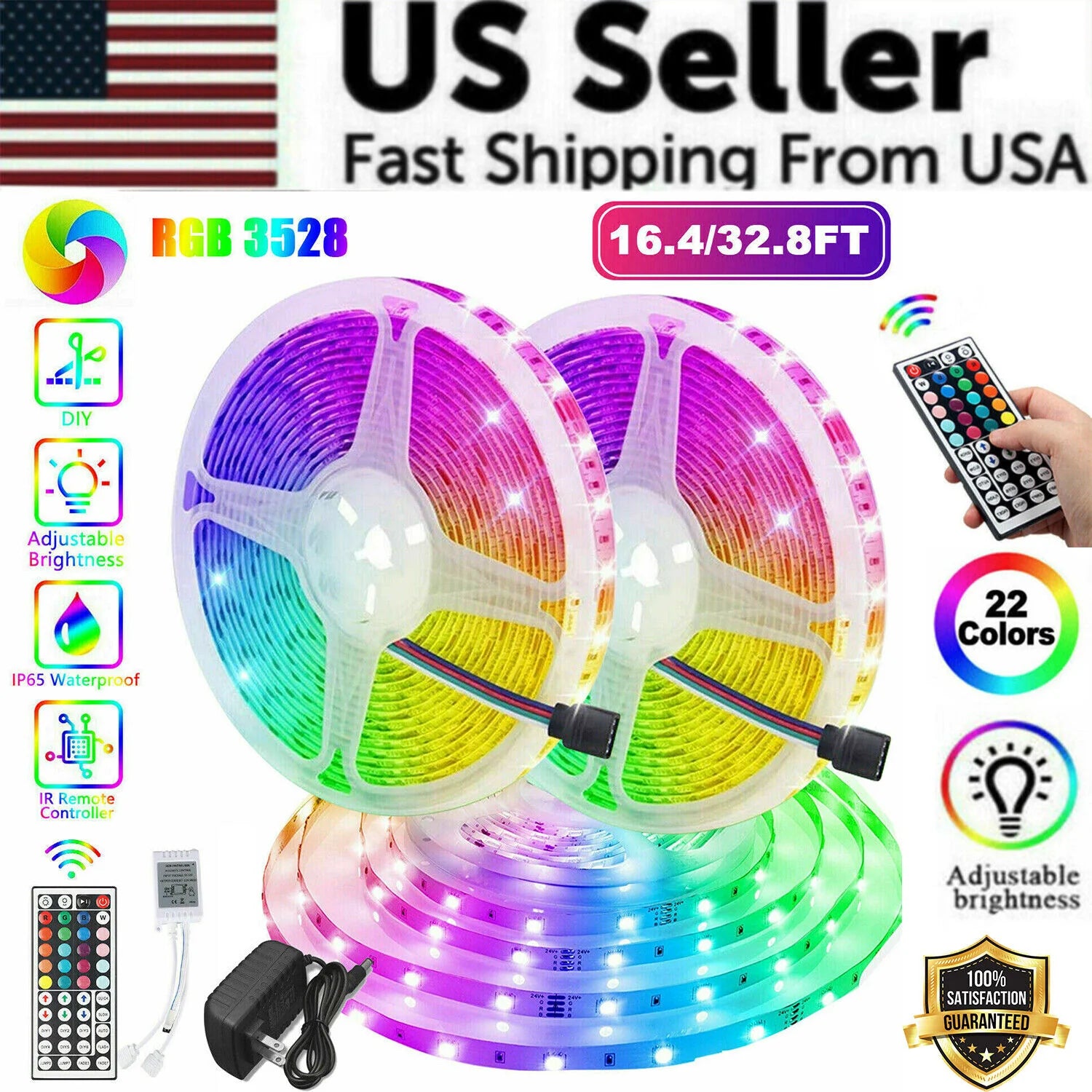 32FT LED Strip Lights - Waterproof for Indoor Outdoor Use