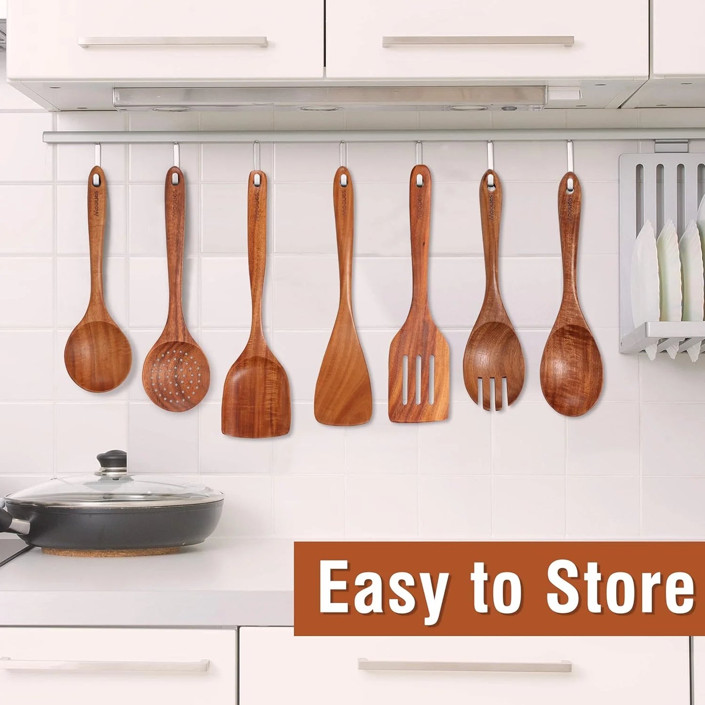 9 Piece Natural Teak Wooden Kitchen Utensil Set with Spoon Rest