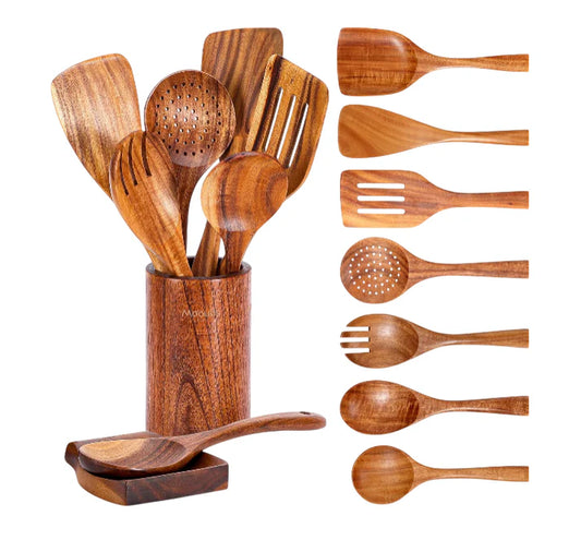 9 Piece Natural Teak Wooden Kitchen Utensil Set with Spoon Rest