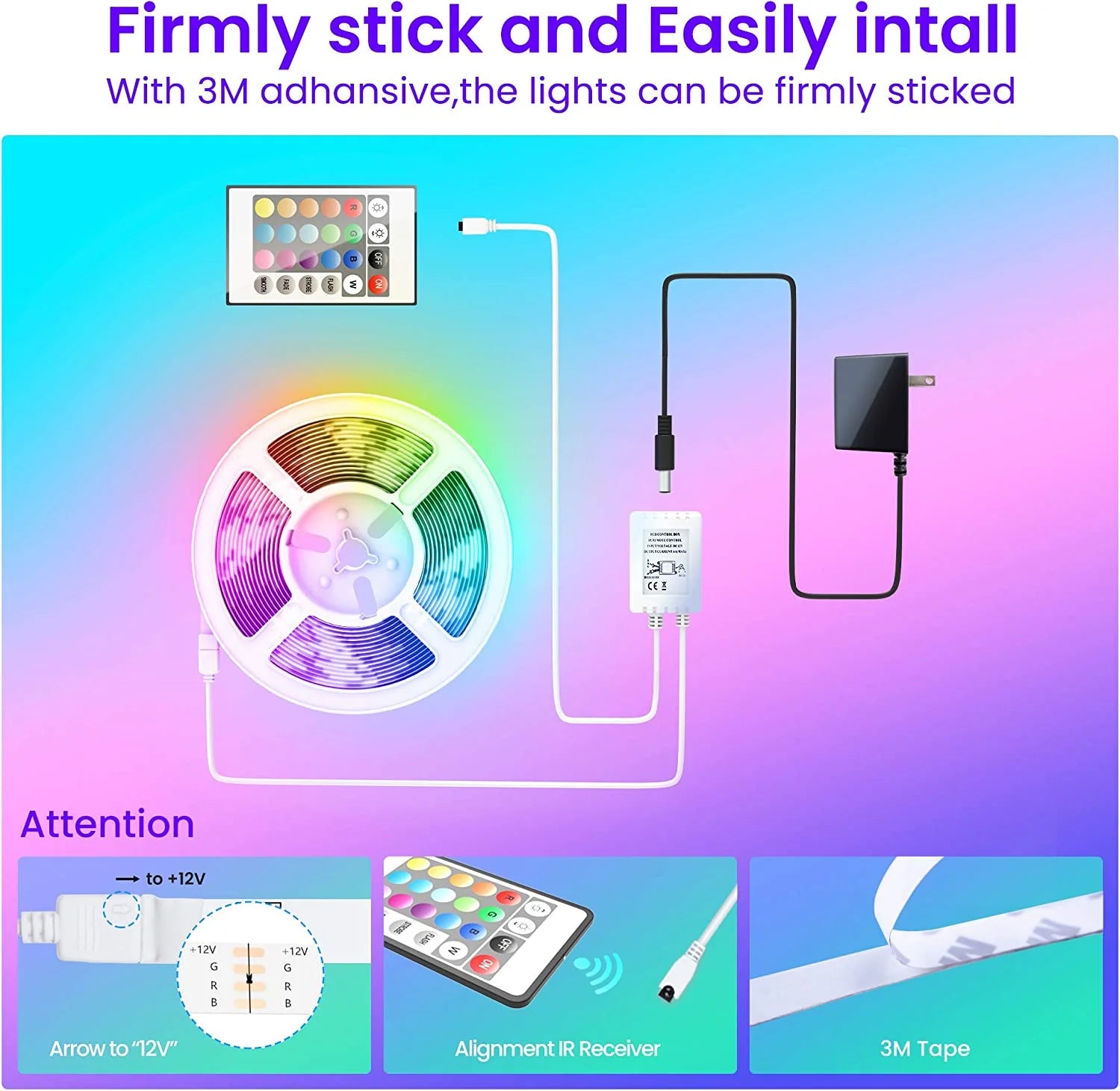 50 FT LED Strip Lights - Color Changing Light Strip with Music Sync, Phone Controller and IR Remote