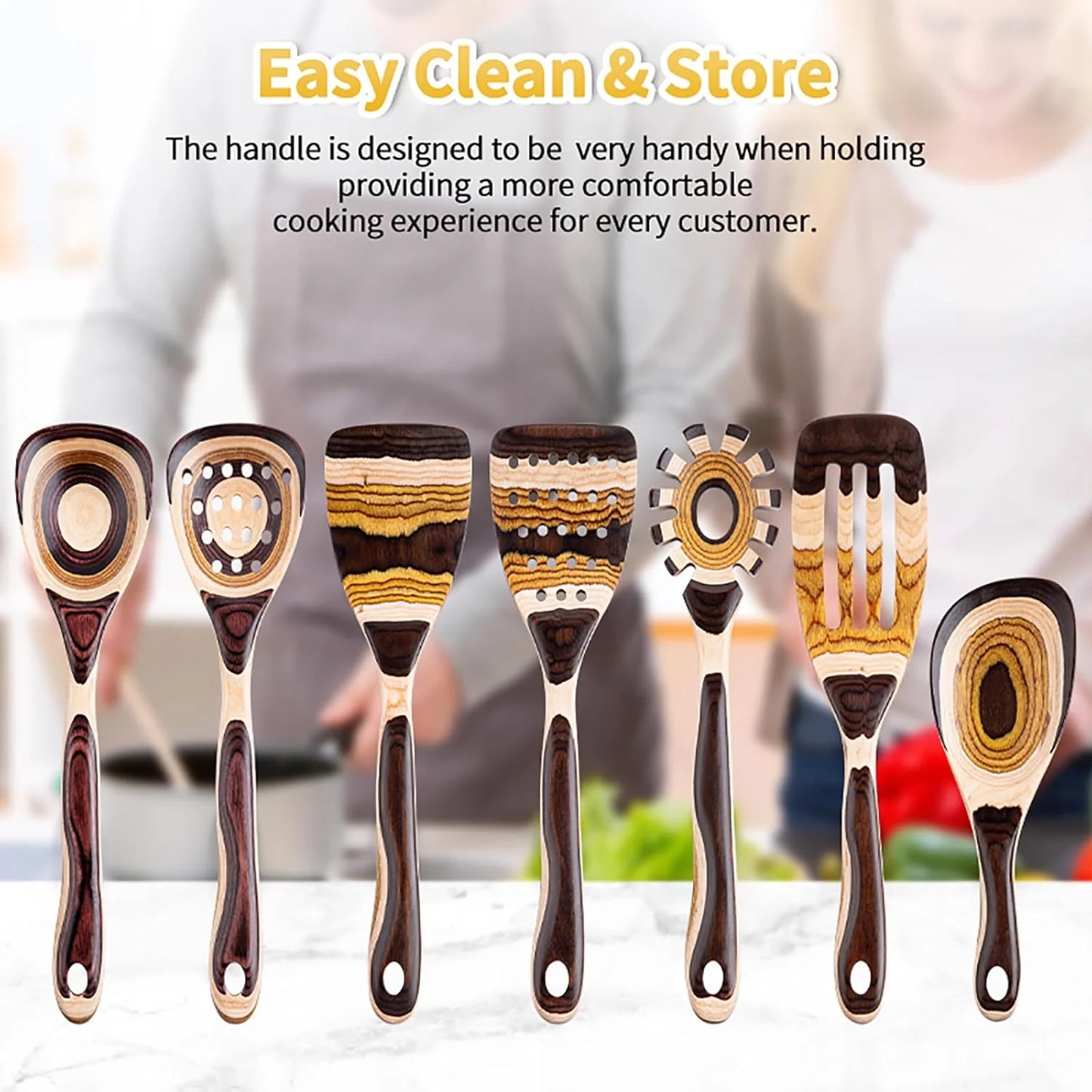 7-Piece Brown Pakkawood Utensils Set – Sturdy, Eco-Friendly