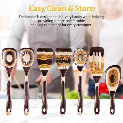 7-Piece Brown Pakkawood Utensils Set – Sturdy, Eco-Friendly