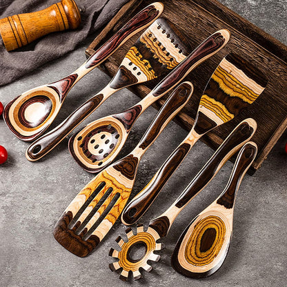 7-Piece Brown Pakkawood Utensils Set – Sturdy, Eco-Friendly