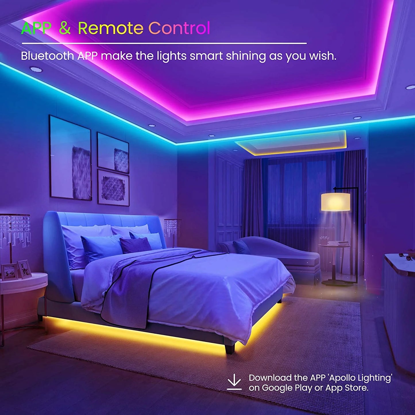 50 FT LED Strip Lights - Color Changing Light Strip with Music Sync, Phone Controller and IR Remote