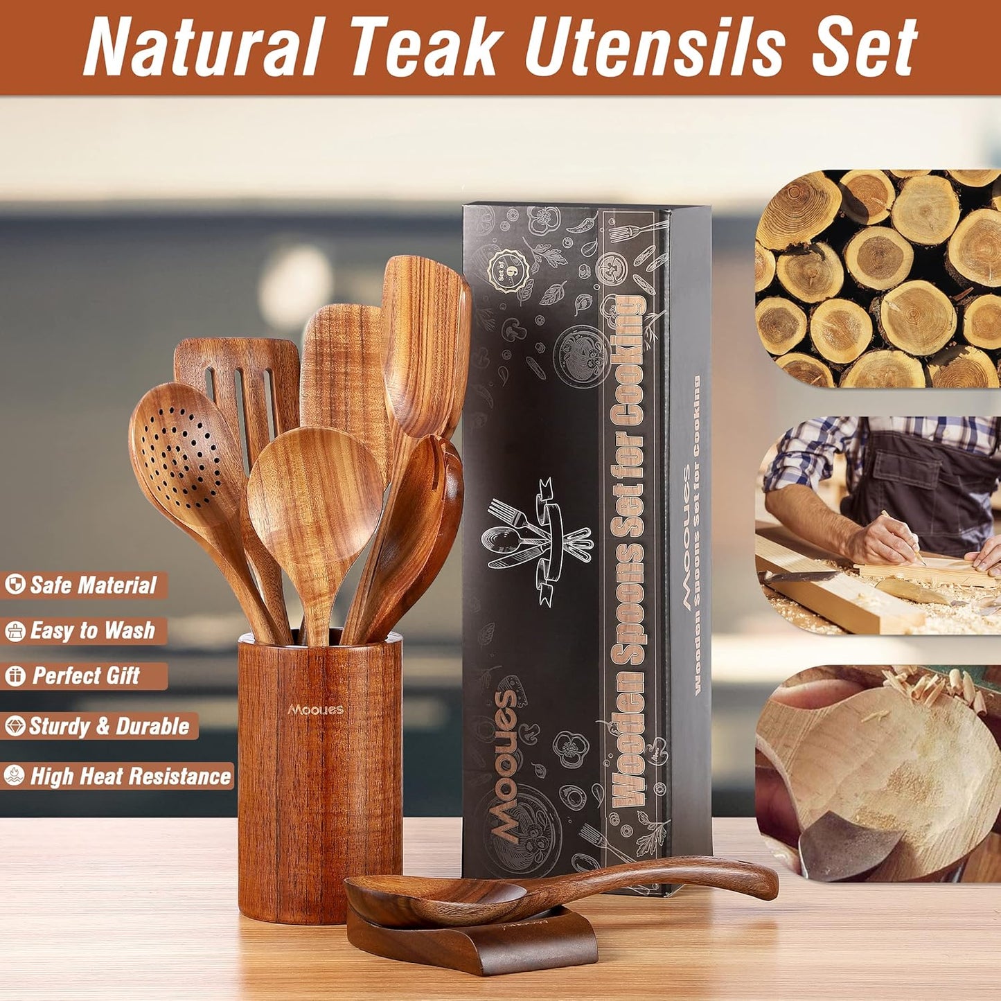 9 Piece Natural Teak Wooden Kitchen Utensil Set with Spoon Rest