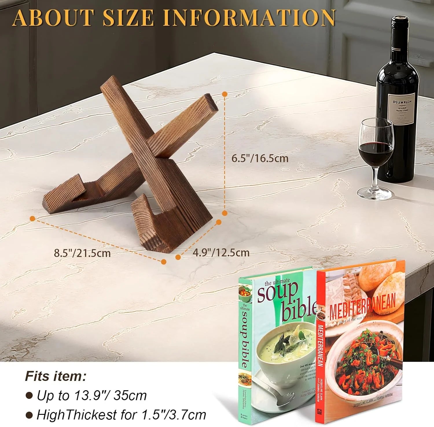 Wooden Cookbook Stand for Kitchen Counter - Rustic Brown Recipe Book Holder