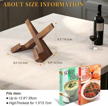 Wooden Cookbook Stand for Kitchen Counter - Rustic Brown Recipe Book Holder