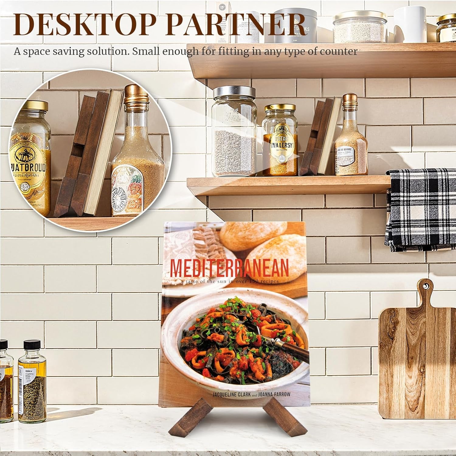 Wooden Cookbook Stand for Kitchen Counter - Rustic Brown Recipe Book Holder