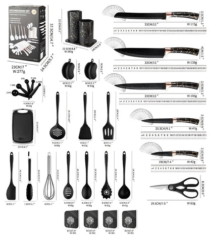 Black Marble Utensil & Knife Block Set - Gold Vein Countertop Organizer
