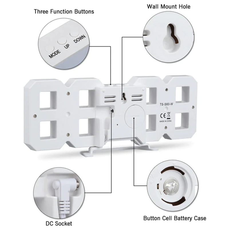 Digital 3D Clock - 12/24 Hours Auto Brightness USB