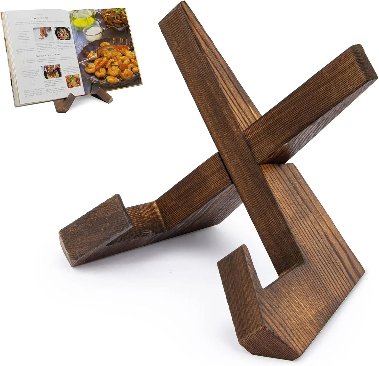 Wooden Cookbook Stand for Kitchen Counter - Rustic Brown Recipe Book Holder